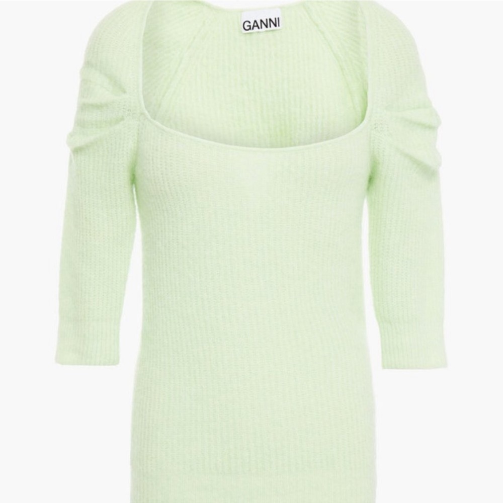 Ganni Gathered Brushed Ribbed-Knit Sweater Mint Green Size Small